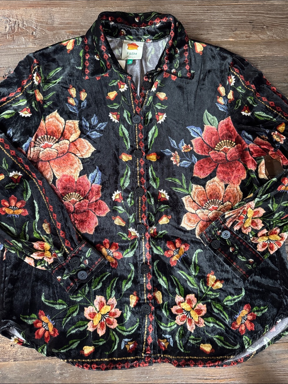 Farm Rio Black Macaws Garden velvet long sleeved blouse NWT oversized Xsmall - Picture 2 of 7